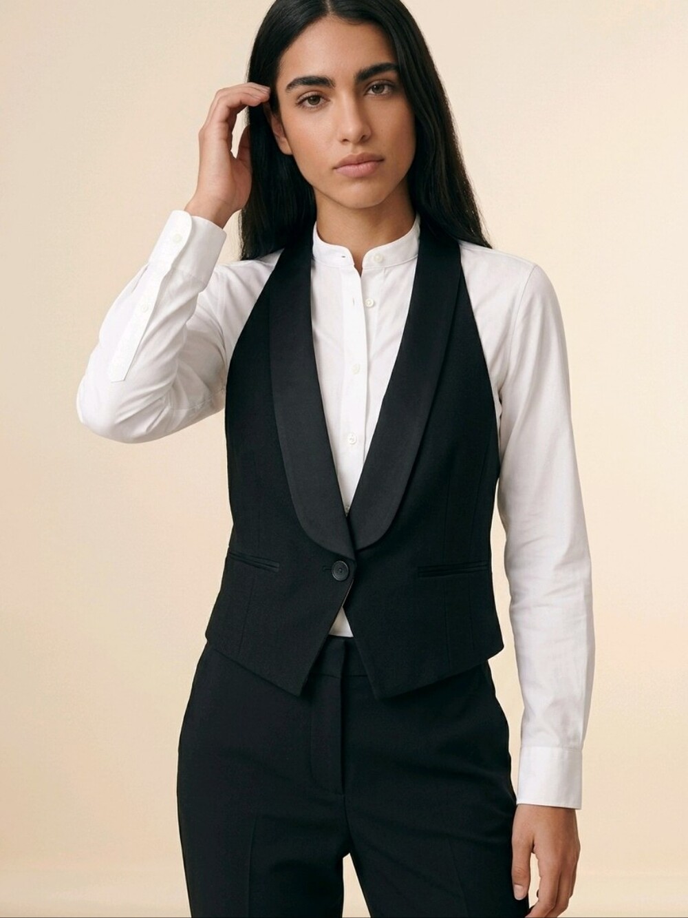 Club Monaco Tuxedo Vest Satin-Trim V-Neck Single Button Black Size XS Women's